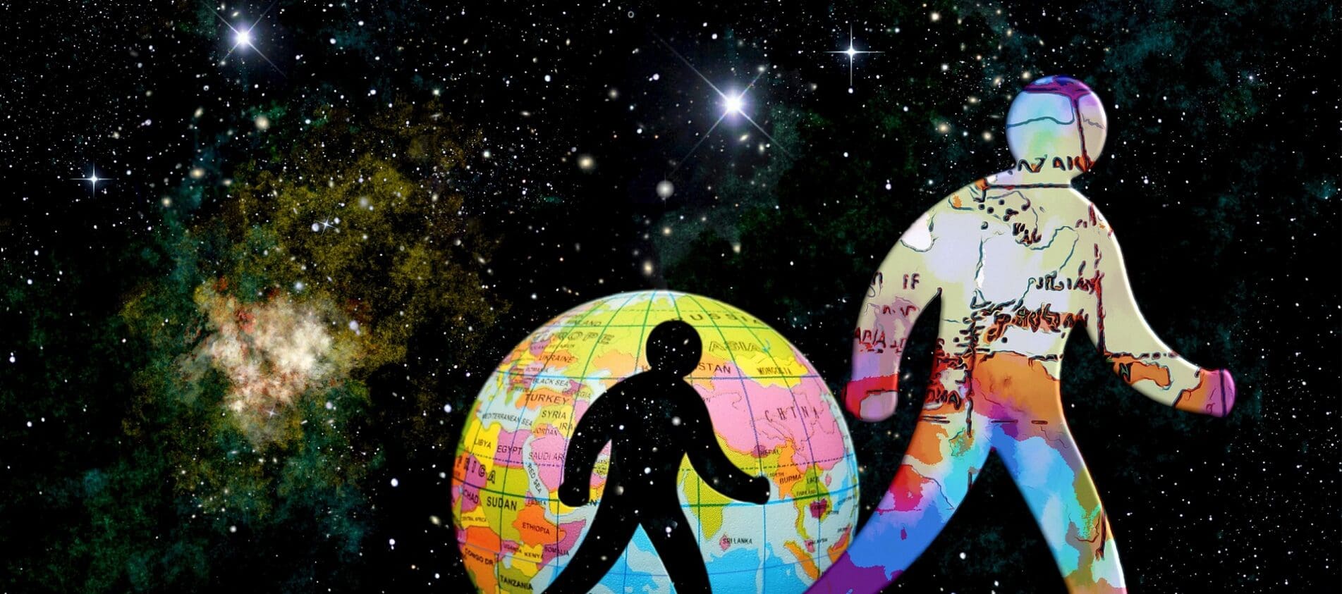 Illustration of globe and figure in space by Quicksandala for Pixabay b