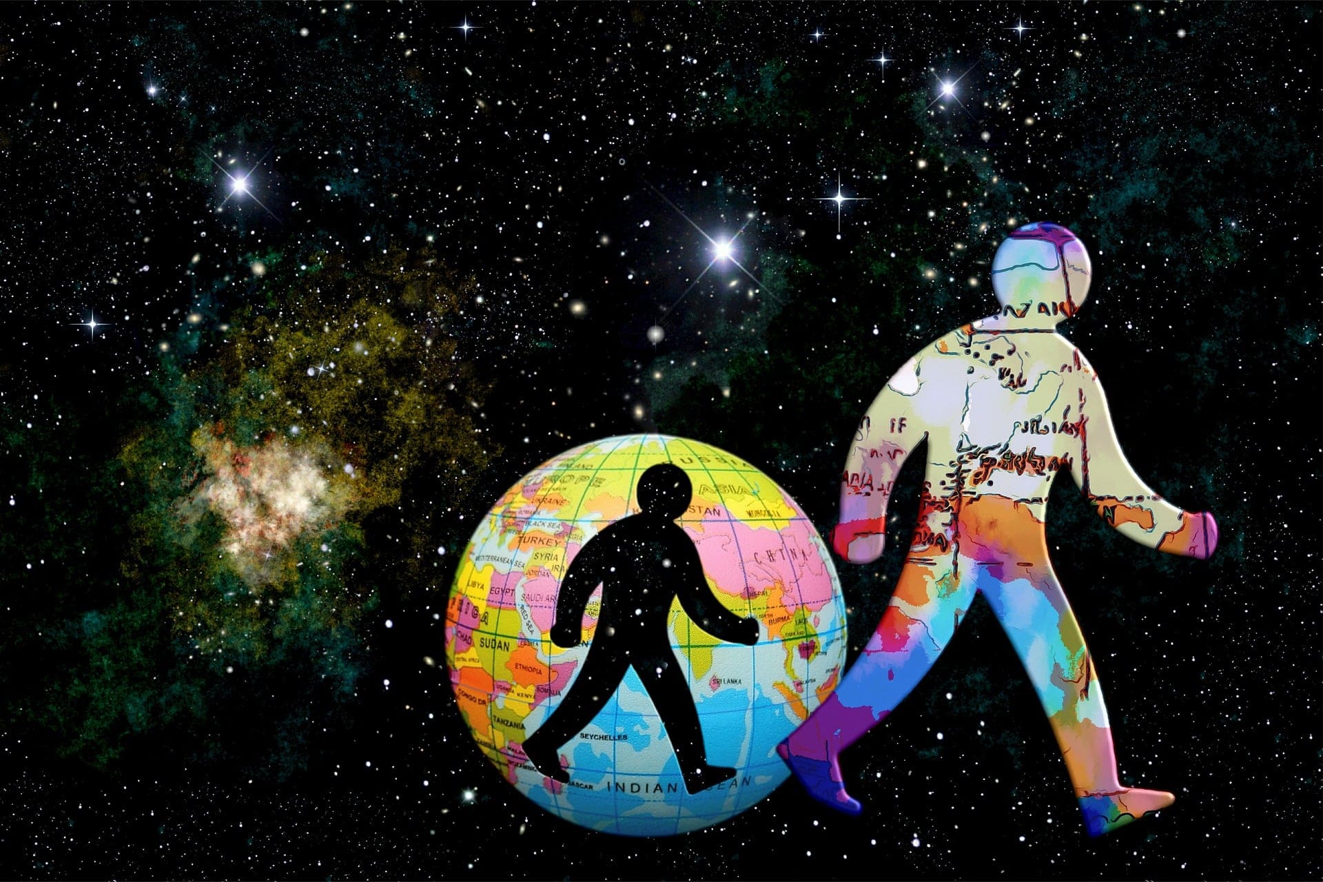 Illustration of globe and figure in space by Quicksandala for Pixabay b